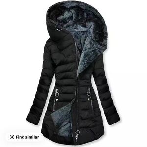 Elegant Black Hooded Puffer Jacket faux fur lined with hood NEW no tags